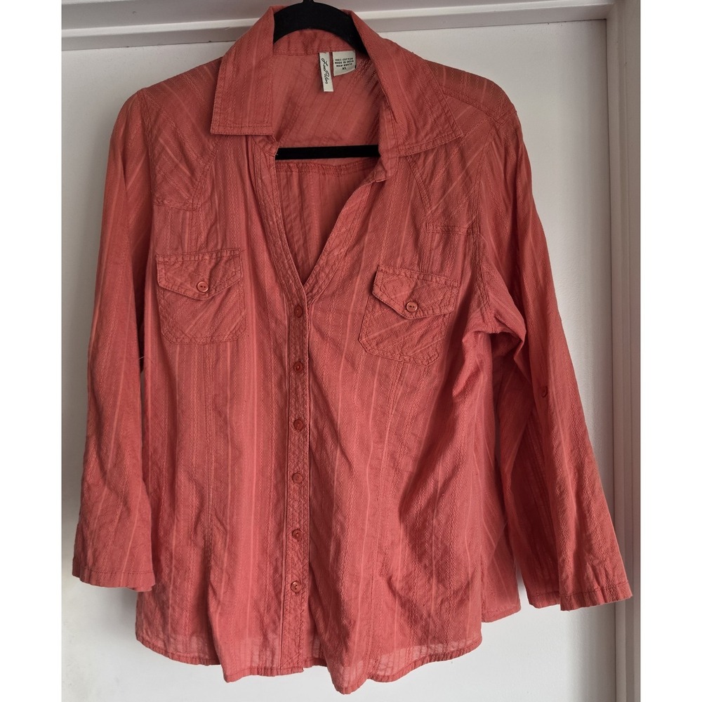 Love Potion Women's XL Coral Striped Cotton Blouse Long Sleeve Top